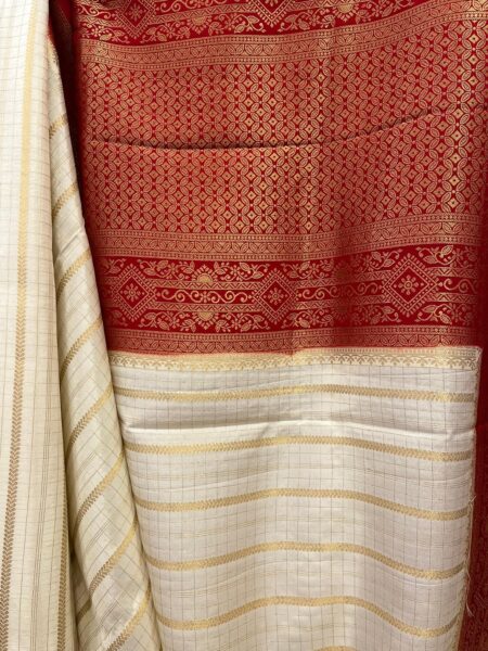 White & red art silk saree