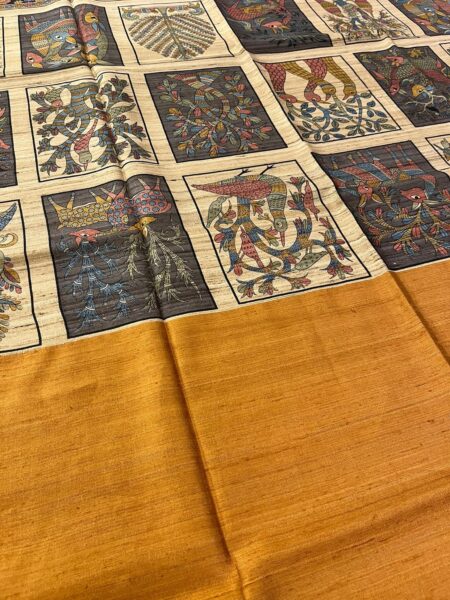 Mustard Yallow Raw silk Kalamkari saree