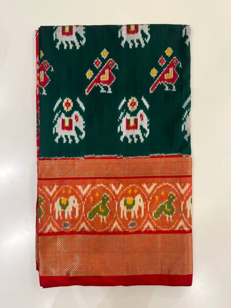 Red & Bottle Green  Ikkat saree