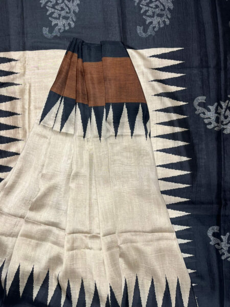 Beige with black & browm printed Cotton silk saree