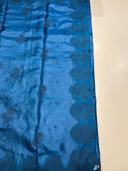 Teal blue Tusaar with organza cut work silk saree