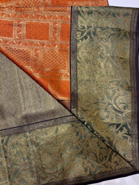 Burnt orange with bottle green Kanjeevaram Brocade Silk Saree